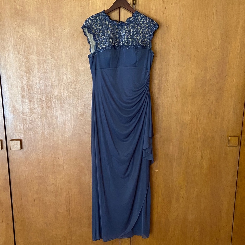 Blue Grey Formal Gown with Illusion Lace Neckline